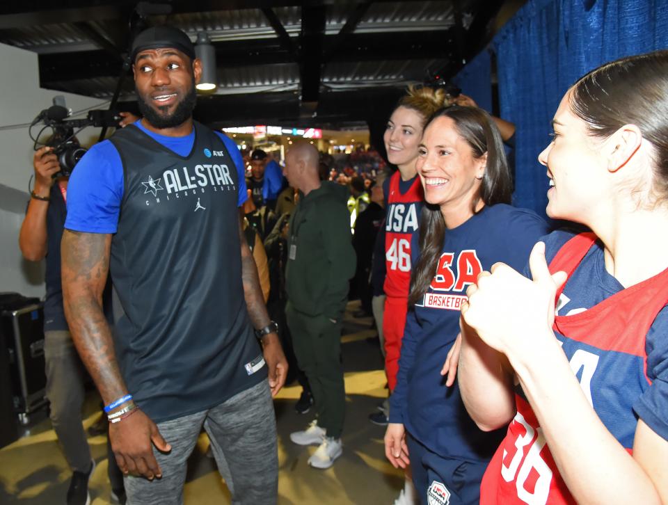 Sue Bird and LeBron James speak during a USA Women's Basketball Showcase in Chicago, February 15, 2020.