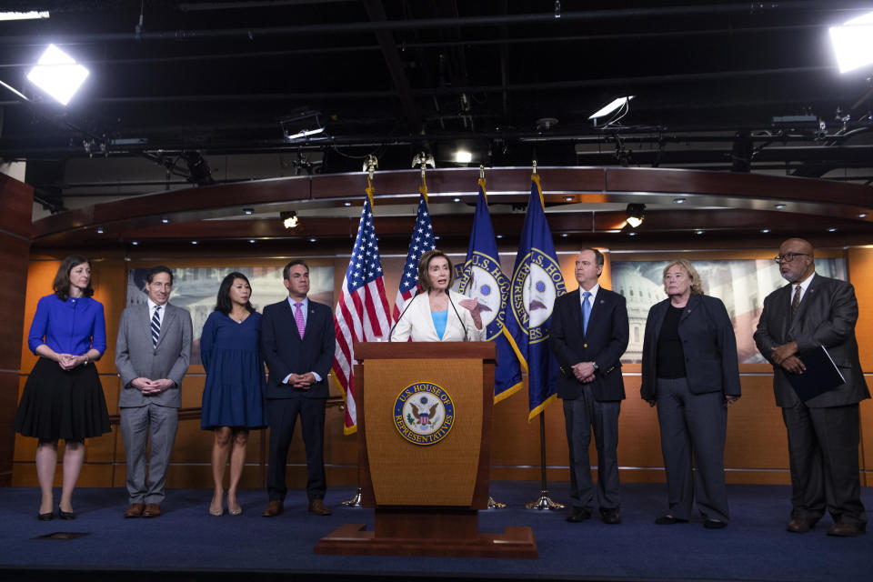 Speaker of the House Nancy Pelosi holds a news conference in the Capitol Visitor Center to introduce members of the select committee to investigate the January 6 attack on the Capitol, on Thursday, July 1, 2021. / Credit: Tom Williams/CQ-Roll Call, Inc via Getty Images