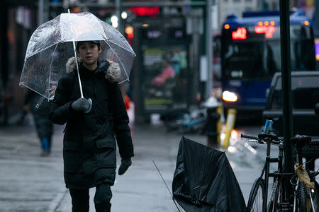 A pedestrians walks in the rainy day near Time Square in the Manhattan borough of New York City, New York, U.S., January 20, 2019.REUTERS/Jeenah Moon