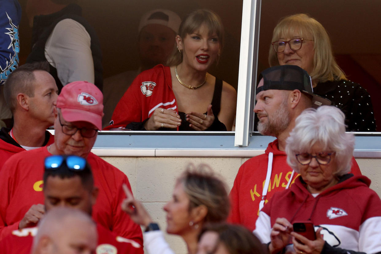 Taylor Swift and Donna Kelce look on before the game between the Kansas City Chiefs and the Denver Broncos at GEHA Field at Arrowhead Stadium on Oct. 12, 2023 in Kansas City, Missouri.  (Jamie Squire / Getty Images)