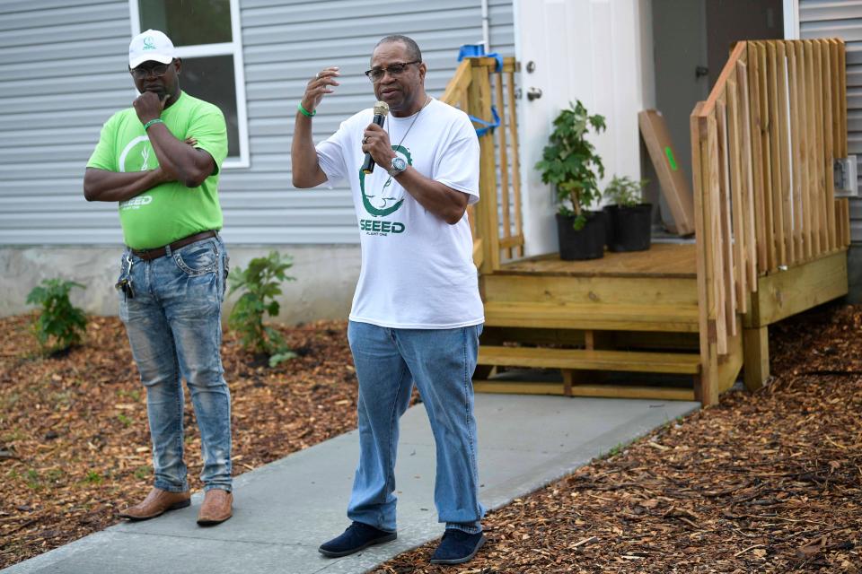 JD Jackson, SEEED Chief Operating Officer, speaks during a ceremony of a SEEED solar home at 1122 Texas Ave. in Knoxville, Tenn. on Friday, May 6, 2022. The solar powered home features three bedrooms and energy efficient technology and amenities.