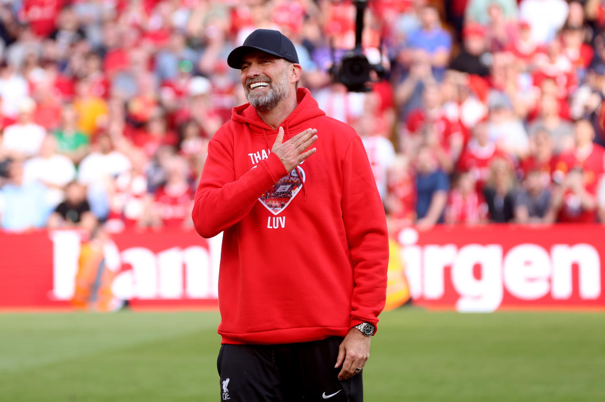 LIVERPOOL, ENGLAND - MAY 19: Jurgen Klopp, Manager of Liverpool, shows appreciation to the fans following his final match as Liverpool manager after the Premier League match between Liverpool FC and Wolverhampton Wanderers at Anfield on May 19, 2024 in Liverpool, England. (Photo by Clive Brunskill/Getty Images)