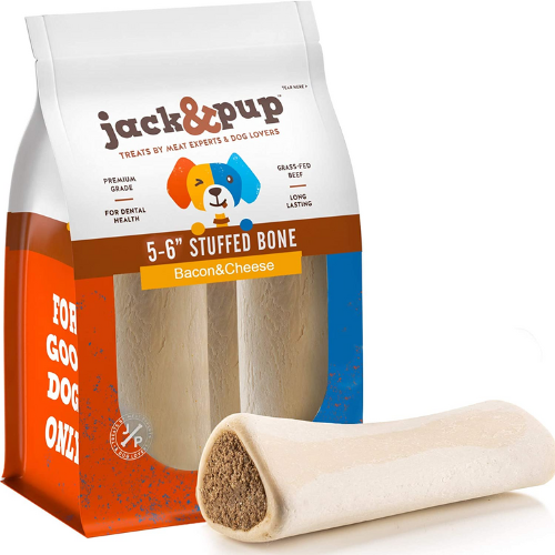 bag of Jack & Pup filled dog bones with one outside of package against white background