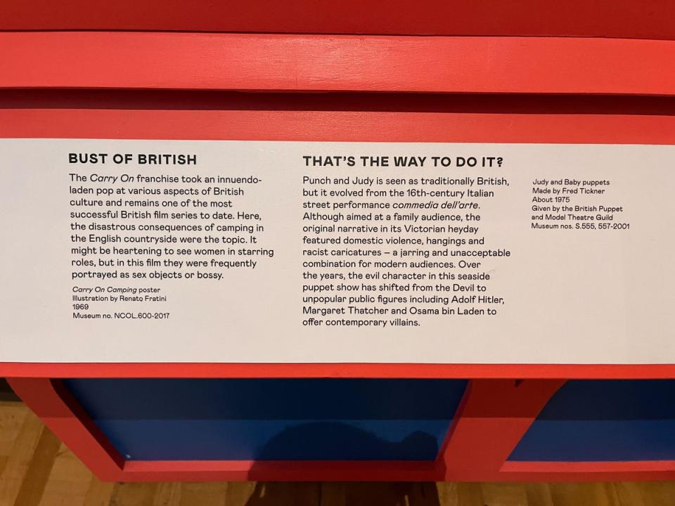 Text displays in the V&A exhibit mention Mrs Thatcher at the same time as Hitler and Bin Laden (The Independent)
