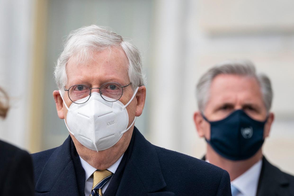 Senate Minority Leader Mitch McConnell (R-Ky.) and House Minority Leader Kevin McCarthy (R-Calif.) at the U.S. Capitol in February. They had their first sit-down meeting with President Joe Biden at the White House on Wednesday.  (Photo: Drew Angerer via Getty Images)