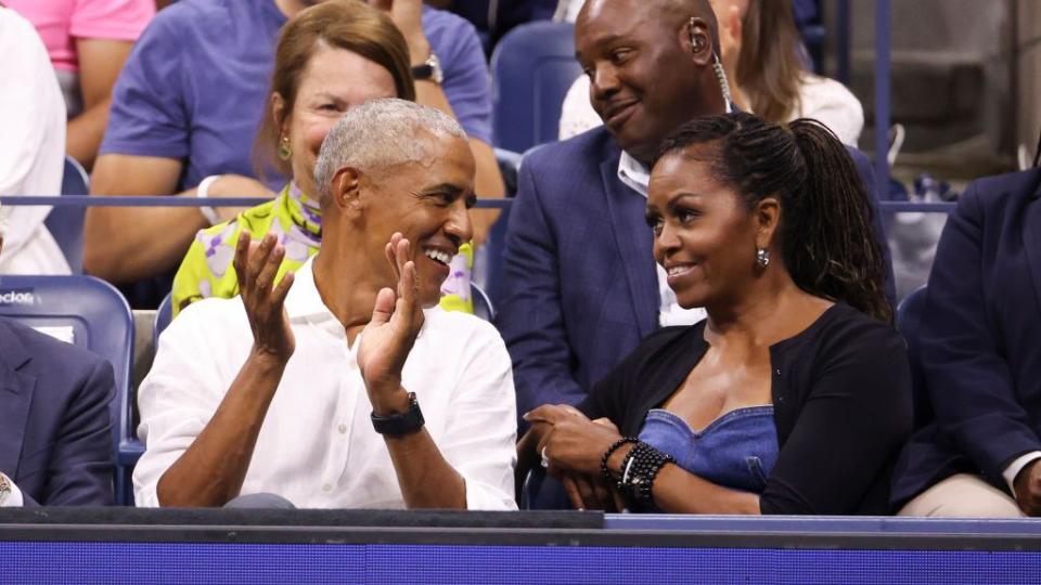 new york, new york august 28 former president of the united states barack obama and former first lady michelle obama attend the mens singles first round match between novak djokovic of serbia and alexandre muller of france during day one of the 2023 us open at arthur ashe stadium at the usta billie jean king national tennis center on august 28, 2023 in the flushing neighborhood of the queens borough of new york city photo by jean catuffegc images