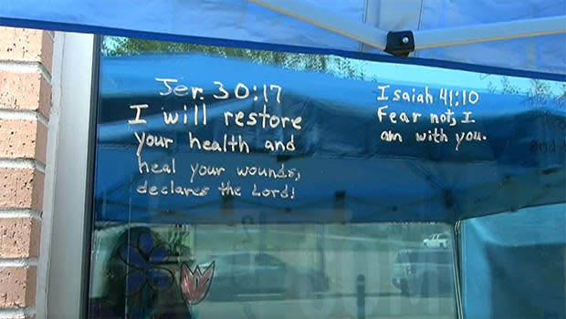Messages for Natalie's mother, written on the window of her hospital room.   / Credit: CBS News