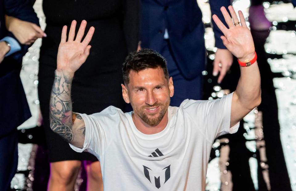 Lionel Messi reacts while walking off the stage after Inter Miami’s The Unveil event at DRV PNK Stadium on Sunday, July 16, 2023, in Fort Lauderdale, Fla. Messi makes his debut on the field Friday night.