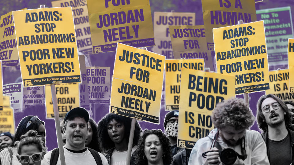 Photo illustration of a dozen people holding signs, some of which read: Justice for Jordan Neely; Adams: Stop abandoning poor New Yorkers; and Being poor is not a crime.