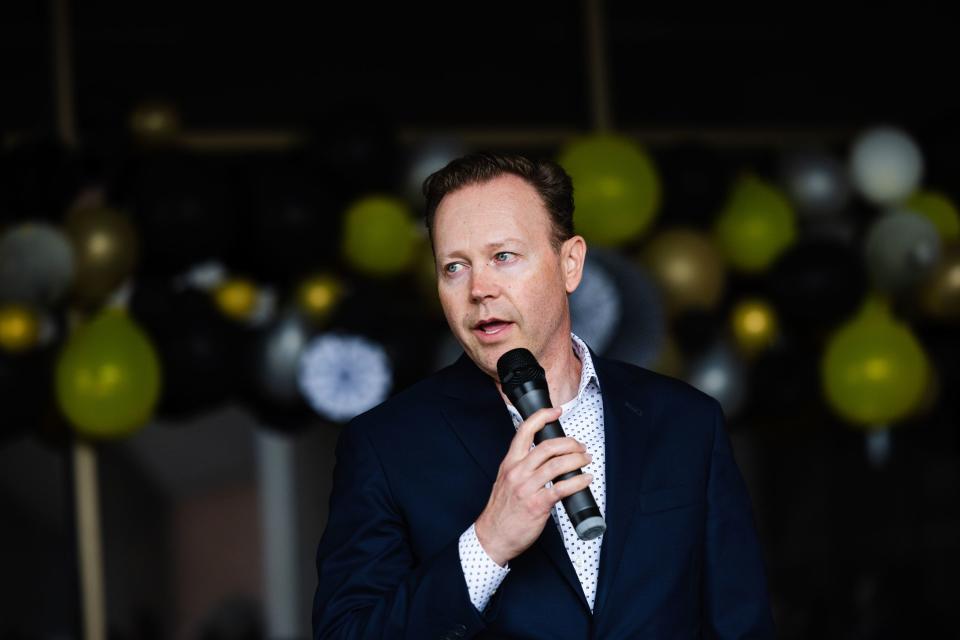 Clarke Nelson, with the Granite School District Board of Education, speaks during a groundbreaking event for a teen resource center at Cottonwood High School in Murray on Thursday, June 1, 2023. | Ryan Sun, Deseret News
