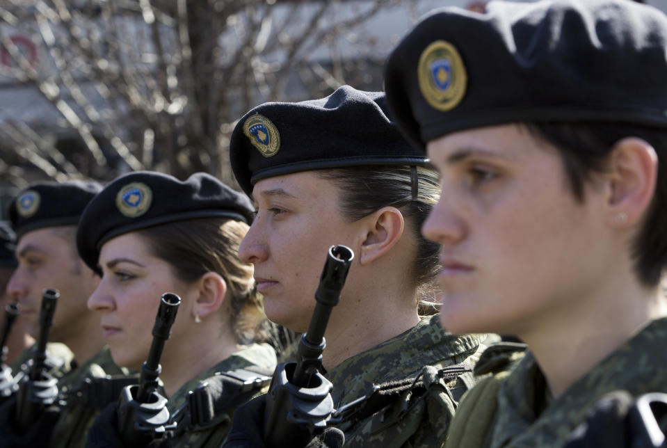 Kosovo Security Force members march during celebrations to mark the 11th anniversary of independence, in Pristina, Sunday, Feb. 17, 2019. Kosovo has celebrated its 11th anniversary of independence with a military a parade but still in tense relations with its former foe Serbia. (AP Photo/Visar Kryeziu)(AP Photo/Visar Kryeziu)