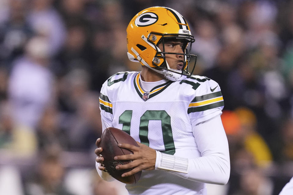 Green Bay Packers quarterback Jordan Love showed some promise late in Sunday's game against the Eagles after Aaron Rodgers left injured. (Photo by Mitchell Leff/Getty Images)