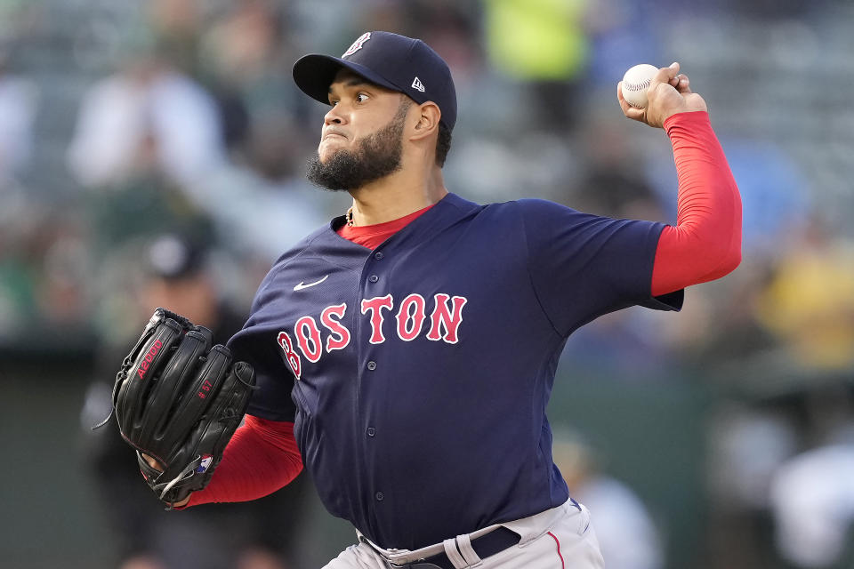 Boston Red Sox starting pitcher Eduardo Rodriguez throws against the Oakland Athletics during the first inning of a baseball game Friday, July 2, 2021, in Oakland, Calif. (AP Photo/Tony Avelar)