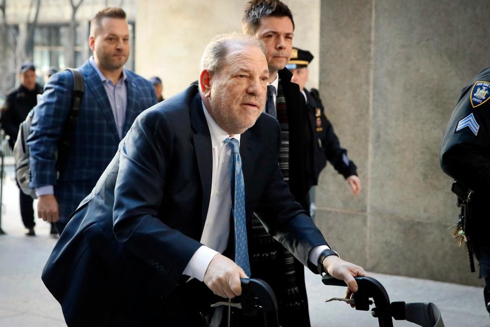 Harvey Weinstein arrives at a Manhattan courthouse as jury deliberations continue in his rape trial in New York, on Feb. 24, 2020.