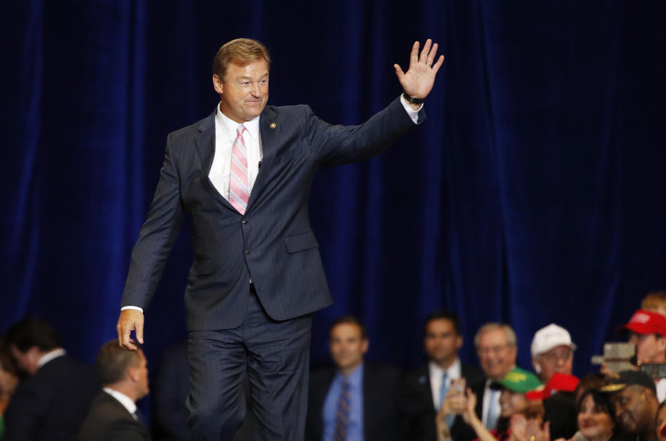 In this Sept. 20, 2018, photo, Sen. Dean Heller, R-Nev., walks on stage during a rally with President Donald Trump in Las Vegas. Heller, who is in a tight re-election battle against Democratic Rep. Jacky Rosen, has highlighted his opponent's support from California billionaire Tom Steyer and Hollywood celebrities, while warning on Twitter that the state could become "CaliforNevada" if Rosen is elected. (AP Photo/John Locher)