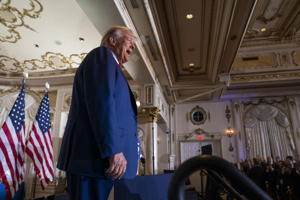 Former President Donald Trump arrives to speak at his Mar-a-Lago estate Tuesday, April 4, 2023, in Palm Beach, Fla., after being arraigned earlier in the day in New York City. (AP Photo/Evan Vucci)