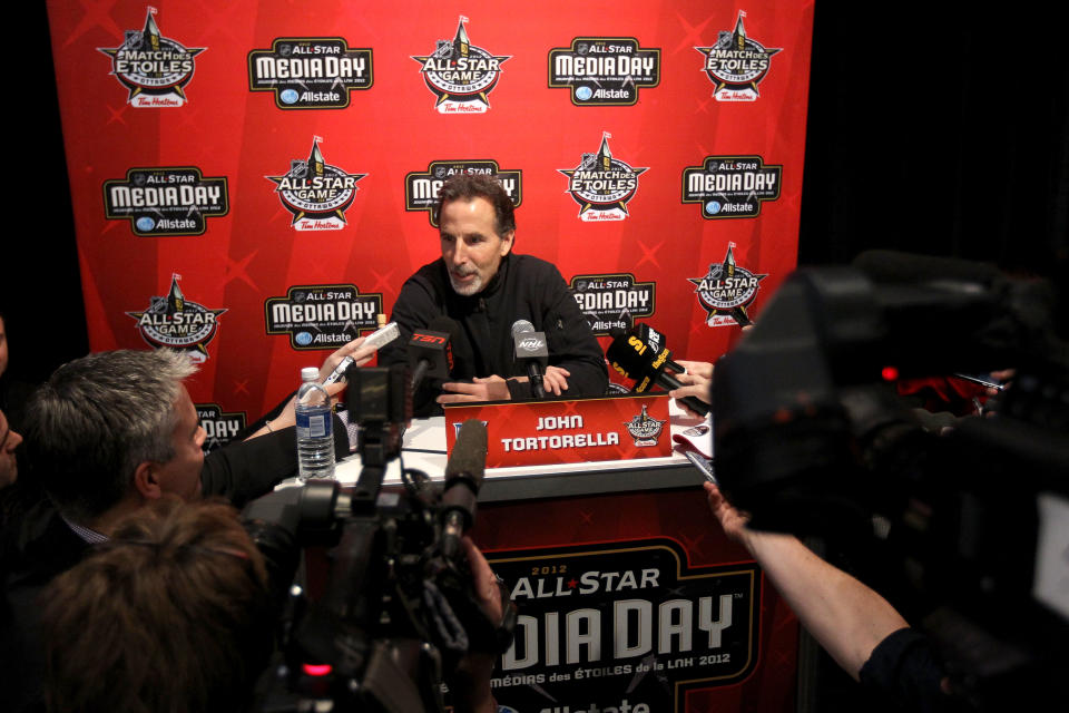 OTTAWA, ON - JANUARY 27: Head coach John Tortorella of the New York Rangers speaks with the press during the 2012 NHL All-Star Game Player Media Availability at the Westin Ottawa on January 27, 2012 in Ottawa, Ontario, Canada. (Photo by Christian Petersen/Getty Images)