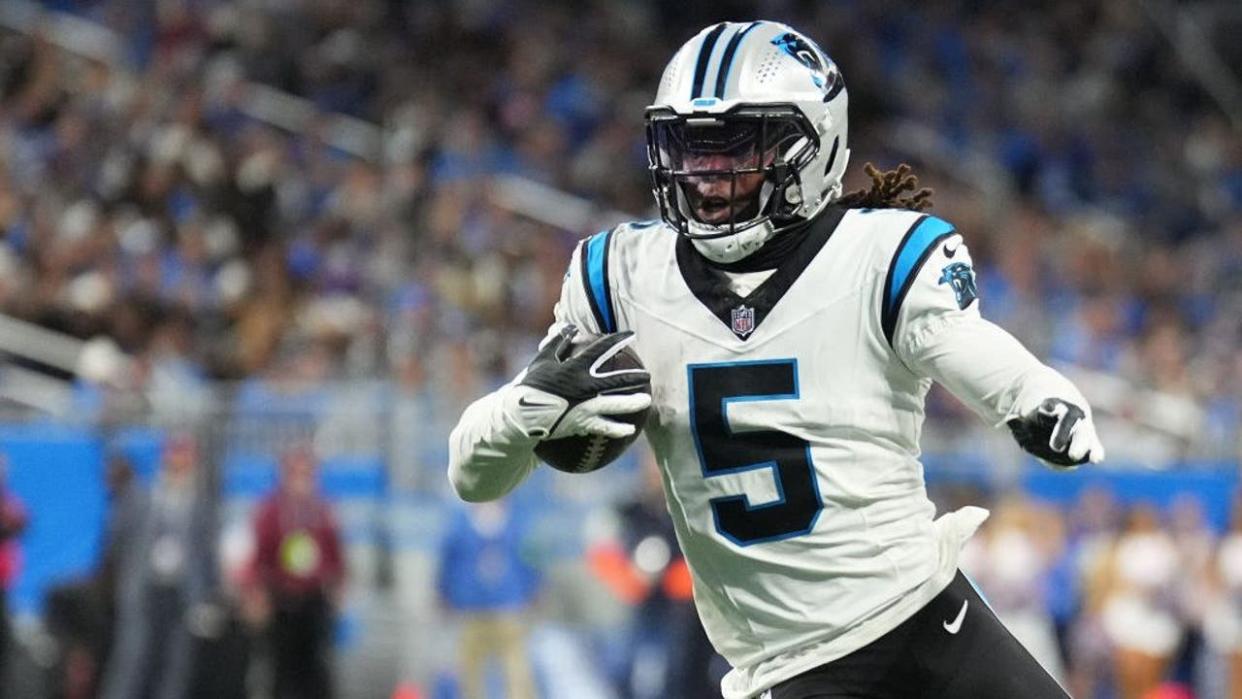 <div>DETROIT, MICHIGAN - OCTOBER 08: Laviska Shenault Jr. #5 of the Carolina Panthers runs with the ball in the second quarter against the Detroit Lions at Ford Field on October 08, 2023 in Detroit, Michigan.</div> <strong>(Nic Antaya / Getty Images)</strong>