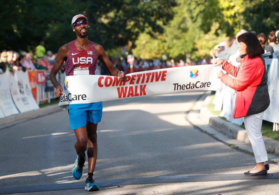 Jordan Crawford of Menasha was the top finisher in the competitive walk division during the ThedaCare Half Marathon as part of the Community First Fox Cities Marathon Presented by Miron Construction on Sunday.