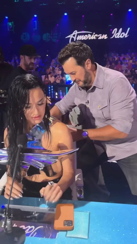 Bryan attempts to help Perry fix her top but gives up almost at once saying “nevermind.” @katyperry/Instagram