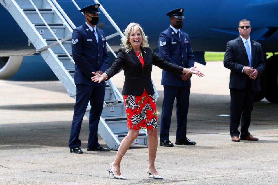 U.S. first lady Jill Biden lands at Medgar Wiley Evers International Airport, in Pearl, Miss., Tuesday, June 22. - Credit: AP