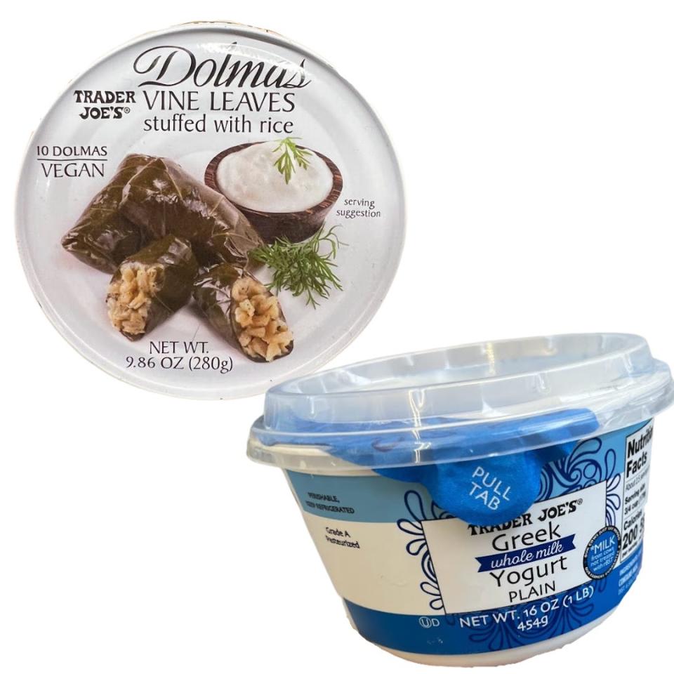 A container of dolmas and a blue and white container of Greek yogurt