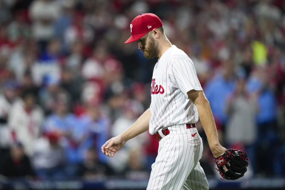 Philadelphia Phillies starting pitcher Zack Wheeler leaves the game during the ninth inning in Game 7 of the baseball NL Championship Series Arizona Diamondbacks in Philadelphia Tuesday, Oct. 24, 2023. (AP Photo/Matt Slocum)