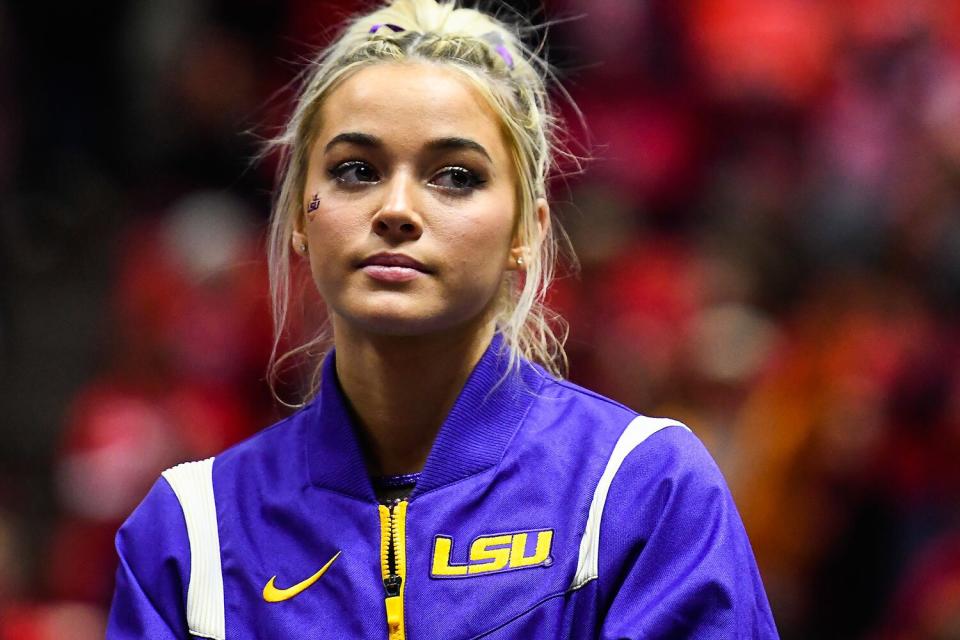 Olivia Dunne of LSU looks on after a PAC-12 meet against Utah at Jon M. Huntsman Center on January 06, 2023 in Salt Lake City, Utah. (Photo by Alex Goodlett/Getty Images)