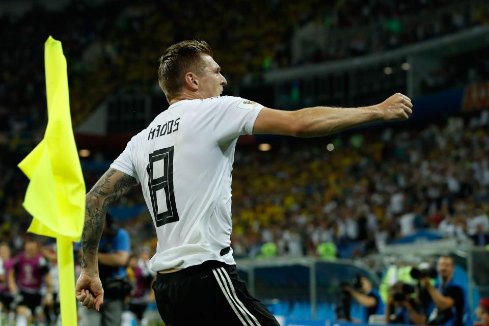 Toni Kroos celebrates his dramatic late goal for Germany to beat Sweden at the 2018 World Cup. (Getty)