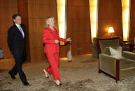 BEIJING, CHINA - MAY 3: U.S. Secretary of State Hillary Clinton and U.S. Treasury Secretary Timothy Geithner arrive for a meeting with China's Vice President Xi Jinping at Diaoyutai State Guesthouse on May 3, 2012 in Beijing. Hillary Clinton is in China for bilateral talks and has called on China to protect human rights. Chinese activist Chen Guangcheng has reportedly said he wishes to leave China on the U.S. Secretary of State's plane when she heads back to the U.S. later this week. (Photo by Jason Lee/Pool/Getty Images)