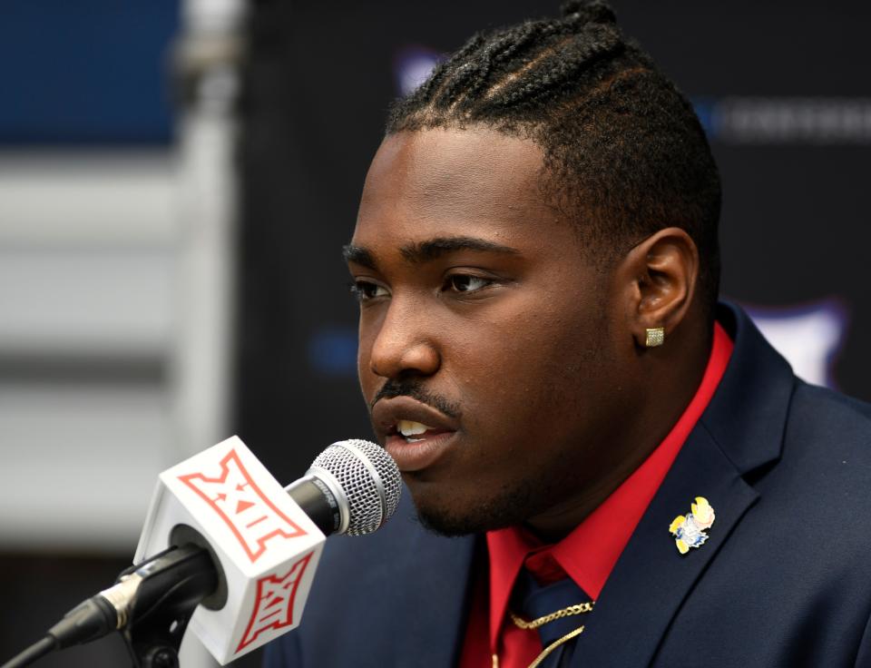 Kansas’ Jalon Daniels speaks during the first day of the Big 12 football media days on July 13 at AT&T Stadium in Arlington, Texas.