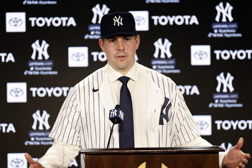 New York Yankees' Carlos Rodon speaks during his introductory baseball news conference at Yankee Stadium, Thursday, Dec. 22, 2022, in New York. (AP Photo/Adam Hunger)