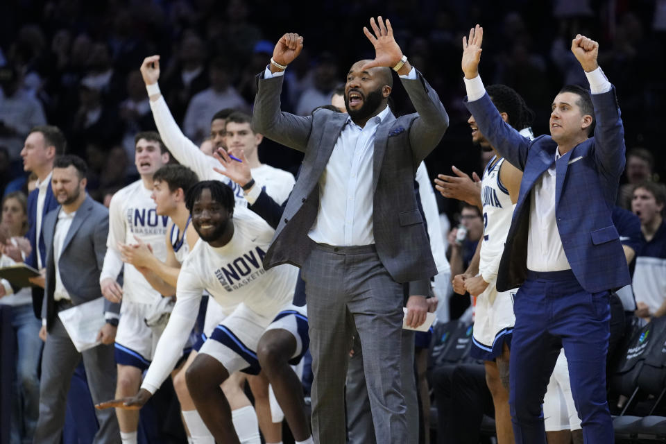 Villanova head coach Kyle Neptune reacts during the second half of an NCAA college basketball game against Oklahoma, Saturday, Dec. 3, 2022, in Philadelphia. (AP Photo/Matt Slocum)