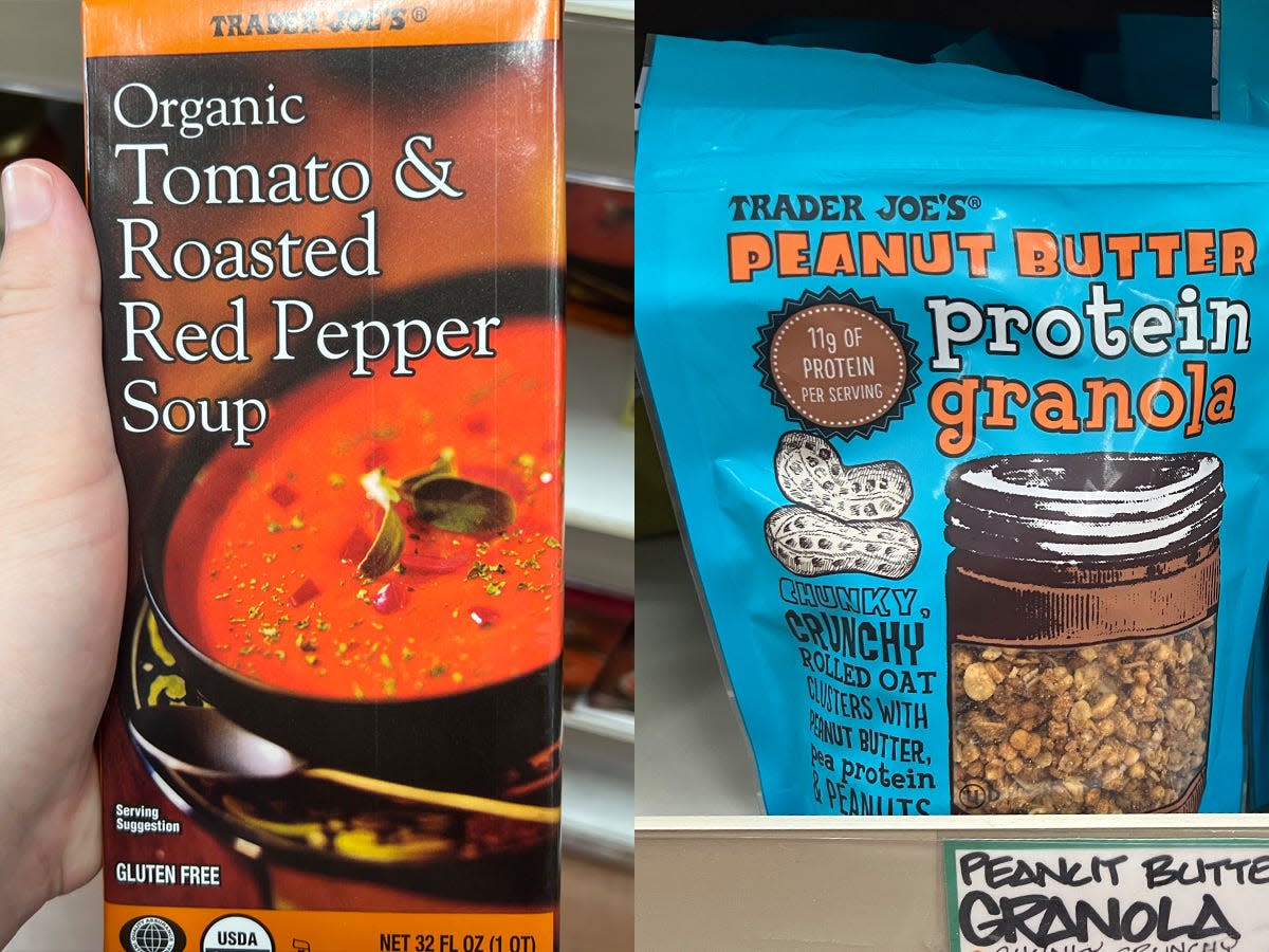 The writer holds a container of Trader Joe's organic tomato and roasted red-pepper soup; Bag of peanut-butter-protein granola on a shelf at Trader Joe's