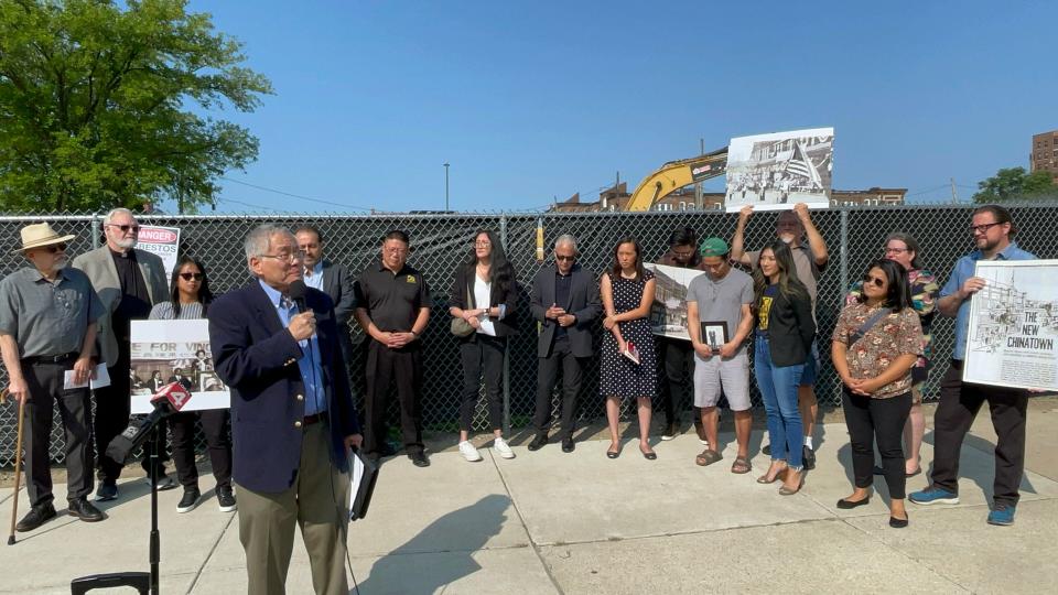 Roland Hwang, a Northville attorney and president of American Citizens for Justice, speaks on July 31, 2023, at 3143 Cass Avenue in Detroit, where a building was demolished over the weekend in what used to be Detroit's Chinatown. He was joined by other Asian American advocates and elected officials.