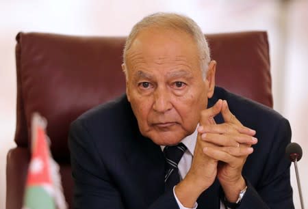 Secretary General of the Arab League Ahmed Aboul Gheit attends the Arab Foreign Ministers extraordinary meeting to discuss the Syrian crisis in Cairo