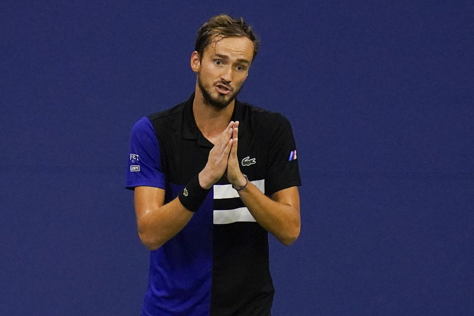 Daniil Medvedev, of Russia, reacts during a men's semifinal match against Dominic Thiem, of Austria, during the US Open tennis championships, Friday, Sept. 11, 2020, in New York. (AP Photo/Seth Wenig)