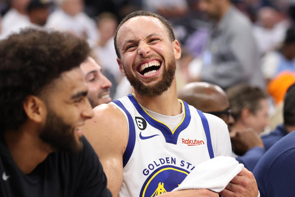 Golden State Warriors guard Stephen Curry reacts on the bench during the fourth quarter of Game 7 in an NBA playoffs first-round series against the Sacramento Kings at Golden 1 Center in Sacramento, California, on April 30, 2023. (Ezra Shaw/Getty Images)