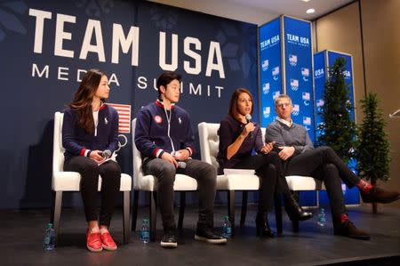 Sep 26, 2017; Park City, UT, USA; From left LA 2028 athlete advisory commission members Maia Shibutani , Alex Shibutani and LA 2028 vice chair Janet Evans and chairman Casey Wasserman speak during the 2018 U.S. Olympic Summit at Grand Summit Hotel. Mandatory Credit: Jerry Lai-USA TODAY Sports