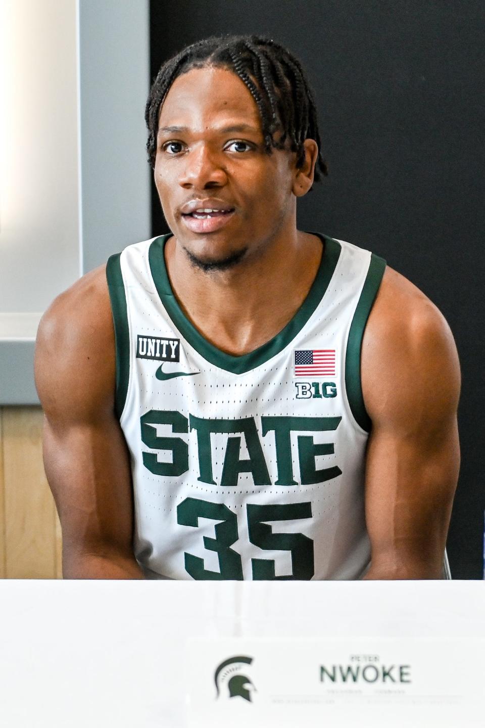 Michigan State's Peter Nwoke answers questions during basketball media day Wednesday, Oct. 20, 2021, at the Breslin Center in East Lansing.