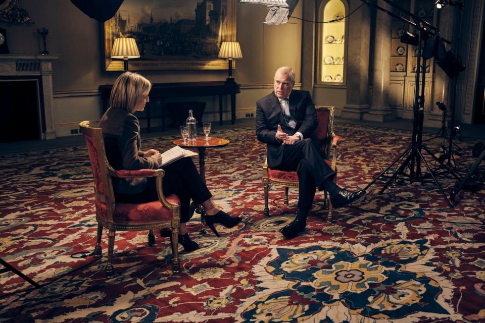 Broadcaster Emily Maitlis interviews Andrew during his Newsnight interview (Mark Harrison/BBC) (PA Media)