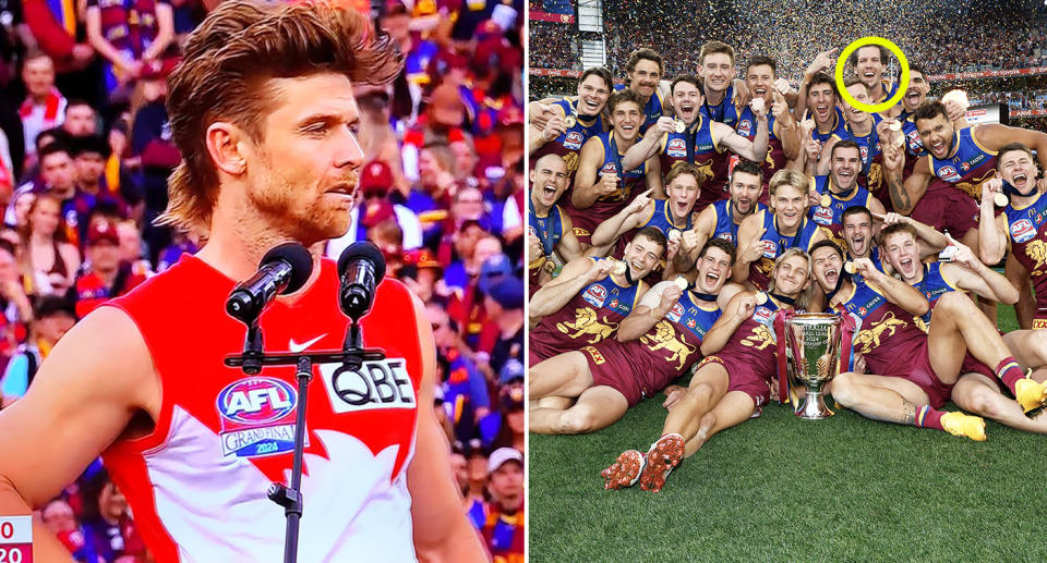 Dane Rampe alongside Brisbane Lions players after the AFL grand final.