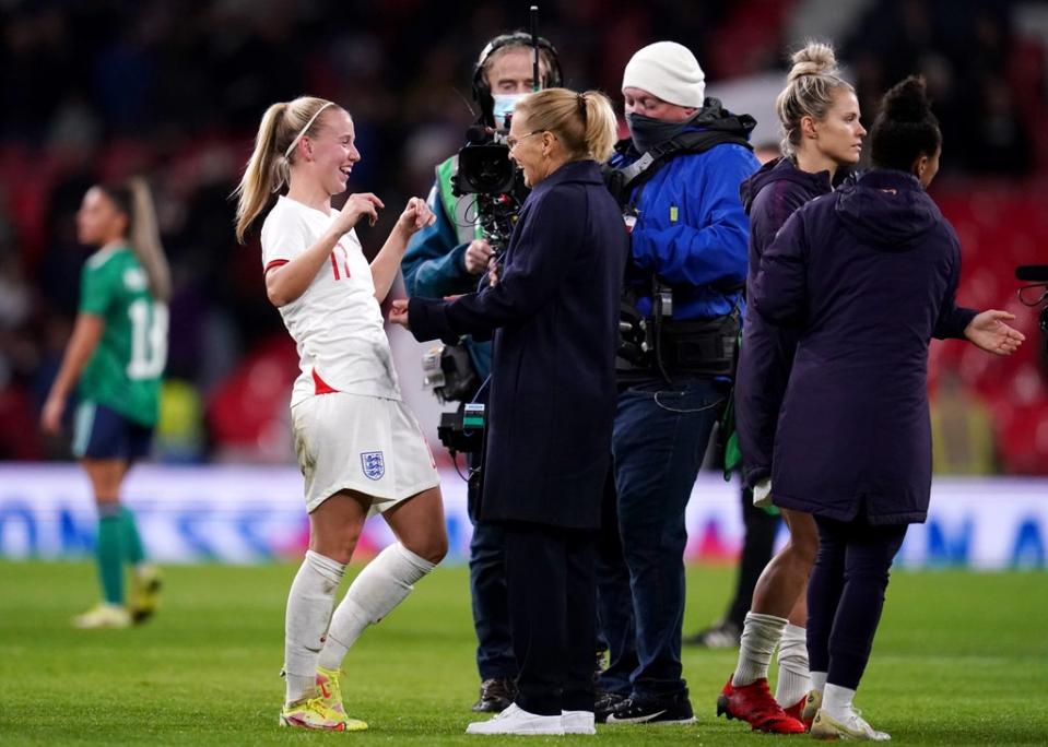 Beth Mead, left, celebrates with manager Sarina Wiegman after the final whistle (John Walton/PA) (PA Wire)