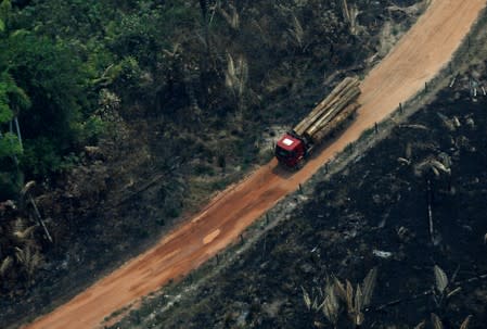 A truck loaded with logs cut from an area of the Amazon rainforest is seen in Boca do Acre