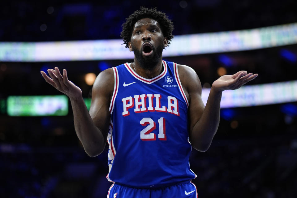 Philadelphia 76ers' Joel Embiid reacts after a call during the first half of an NBA basketball game against the Denver Nuggets, Tuesday, Jan. 16, 2024, in Philadelphia. (AP Photo/Matt Slocum)