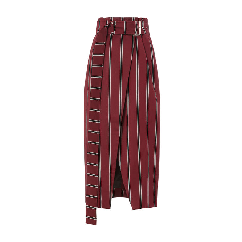 <a rel="nofollow noopener" href="http://www.anrdoezrs.net/links/3550561/type/dlg/http://www.intermixonline.com/solace-london/apolline-belted-stripe-wrap-skirt/OS1625B-MRN.html?dwvar_OS1625B-MRN_color=620&cgid=new" target="_blank" data-ylk="slk:Apolline Belted Stripe Wrap Skirt, Solace London, $670;elm:context_link;itc:0;sec:content-canvas" class="link ">Apolline Belted Stripe Wrap Skirt, Solace London, $670</a>