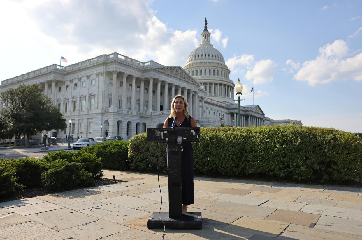 Representative Marjorie Taylor Greene (R-GA) holds a press conference outside the U.S. Capitol following a private visit to the Holocaust Museum, to express contrition for previous remarks about Jewish people, in Washington, U.S. June 14, 2021. (Evelyn Hockstein/Reuters)