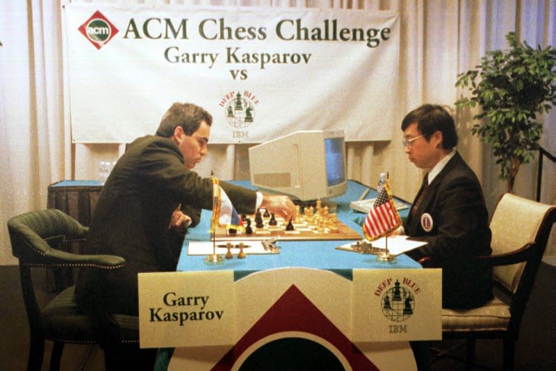 World chess champion Garry Kasparov plays against IBM's Deep Blue computer at the Association for Computing Chess Challenge on February 11, 1996, in Philadelphia. A day earlier, the computer beat Kasparov in a game. File Photo by Laurence Kesterson/UPI