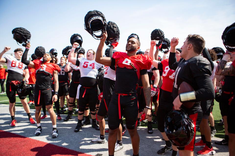 Ball State football sings its fight song after the team's Spring Game at Scheumann Stadium on Saturday, April 8, 2023.