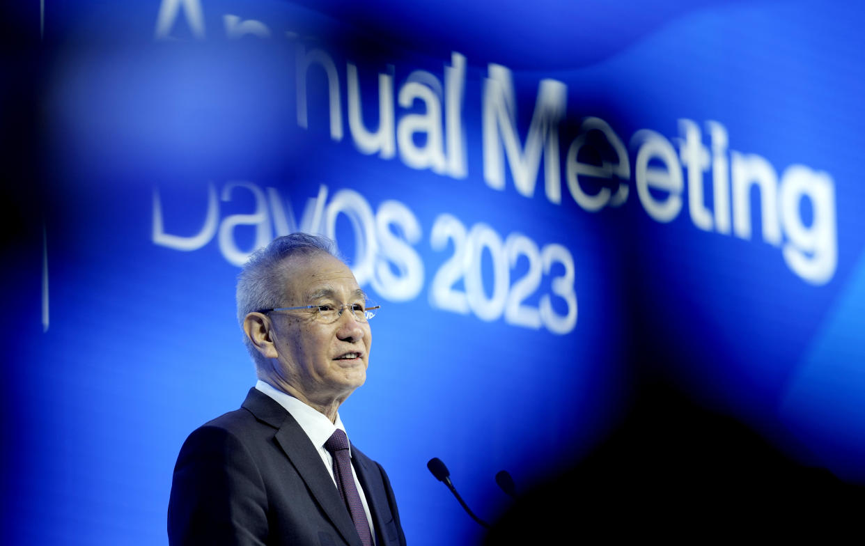 Liu He, Vice Prime Minister of China delivers a speech at the World Economic Forum in Davos, Switzerland Tuesday, Jan. 17, 2023. The annual meeting of the World Economic Forum is taking place in Davos from Jan. 16 until Jan. 20, 2023. (AP Photo/Markus Schreiber)